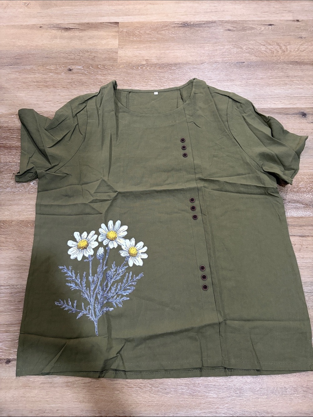 Olive Green Floral Button-Accent Women's Top